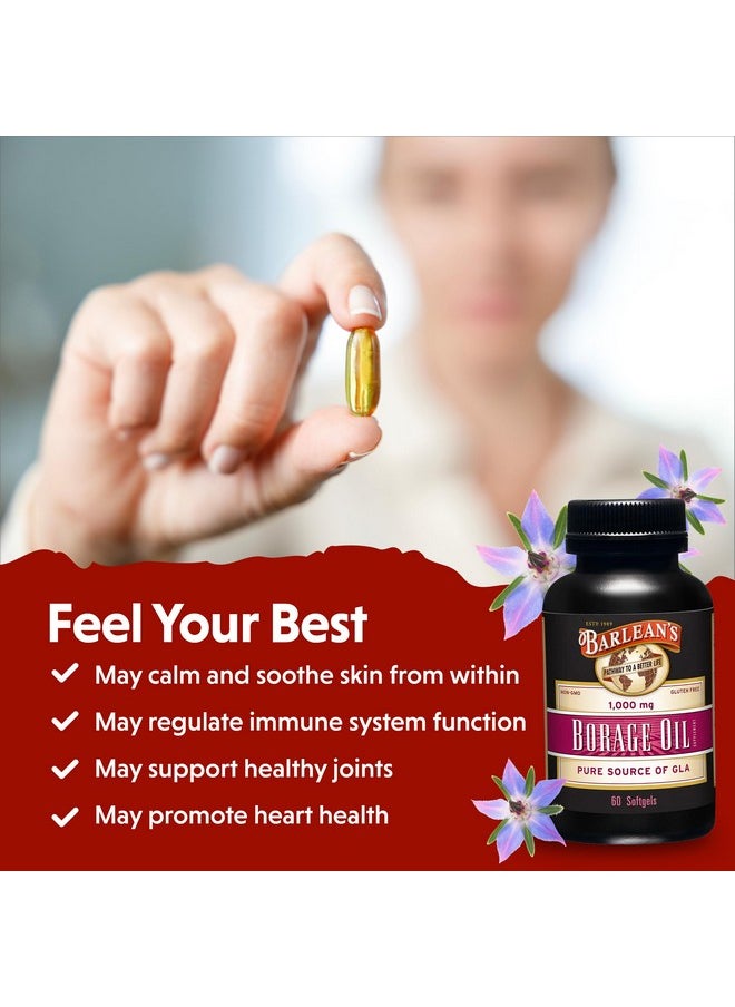 BARLEAN'S - Barlean's Borage Oil Capsules, 1000mg Cold Pressed Pure Borage Seed Oil GLA Supplement, Omega 6 for Healthy Skin Joints and Bones and Brain Function, Non-GMO and PA Safe, 60 Count - Image 1