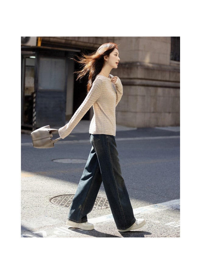 dme Demana Autumn Lazy Style Off-shoulder Striped Jacquard Knit Sweater Loose Wool Blend Women's Top - Image 2