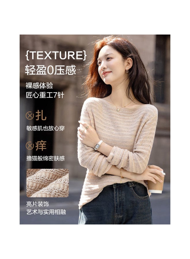 dme Demana Autumn Lazy Style Off-shoulder Striped Jacquard Knit Sweater Loose Wool Blend Women's Top - Image 1