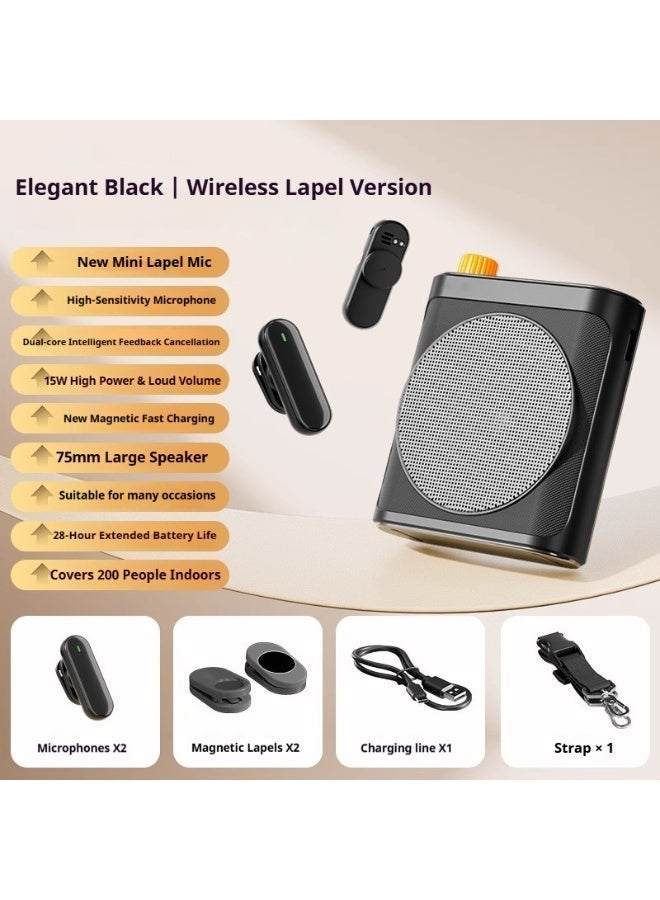 مضخم صوت مع ميكروفون ومشابك لاسلكية، نظام مكبر صوت محمول وقابل للشحن مع شاشة عرض وبتشغيل مستمر حتى 28 ساعة، ميكروفون شخصي كلّابي للمعلمين والمدربين ومرشدي السياحة (أسود) - Image 4