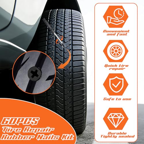 QCCTPUU 60 PCS Tire Repair Rubber Nails Kit, Vacuum Tire Screw Plugs, Fast Self-Service Tire Repair Tool for Car, Truck, Motorcycle, Bike, Tractor Puncture Repair Kit (Screwdriver Included) - Image 2