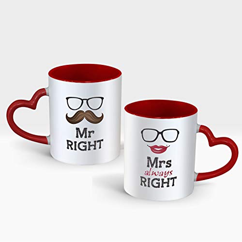 Gift Arcadia Ceramic Mr. & Mrs. Right Heart Handle Coffee Mug - 2 Pieces, Red, 330ml (A057) - Image 1