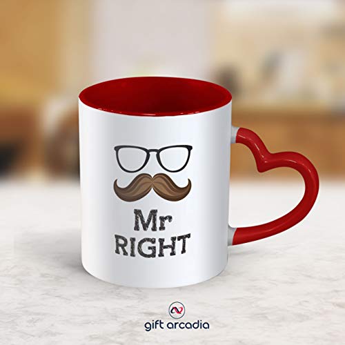 Gift Arcadia Ceramic Mr. & Mrs. Right Heart Handle Coffee Mug - 2 Pieces, Red, 330ml (A057) - Image 2