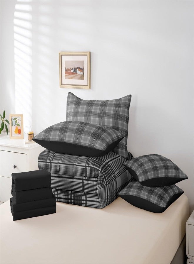Feelyou Black Grey Plaid Comforter Set Queen Size 7 Pieces Vintage Aesthetic Bedding Set Kids Adult Checkered Geometric Modern Bed in a Bag with Comforter, Sheets, Pillowcases, Cushion Covers - Image 5