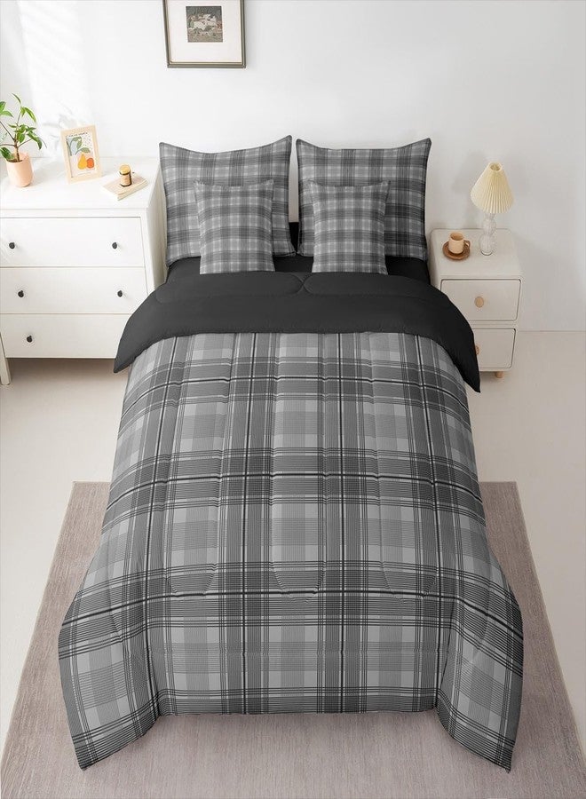 Feelyou Black Grey Plaid Comforter Set Queen Size 7 Pieces Vintage Aesthetic Bedding Set Kids Adult Checkered Geometric Modern Bed in a Bag with Comforter, Sheets, Pillowcases, Cushion Covers - Image 2