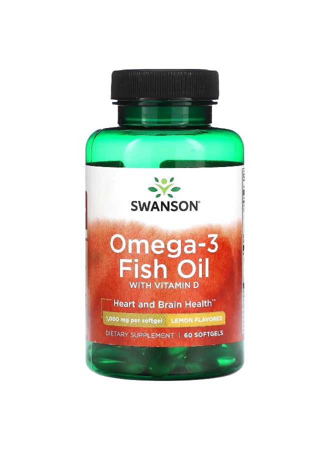SWANSON Swanson, Omega-3 Fish Oil with Vitamin D, Lemon, 1,000 mg, 60 Softgels  - Image 1