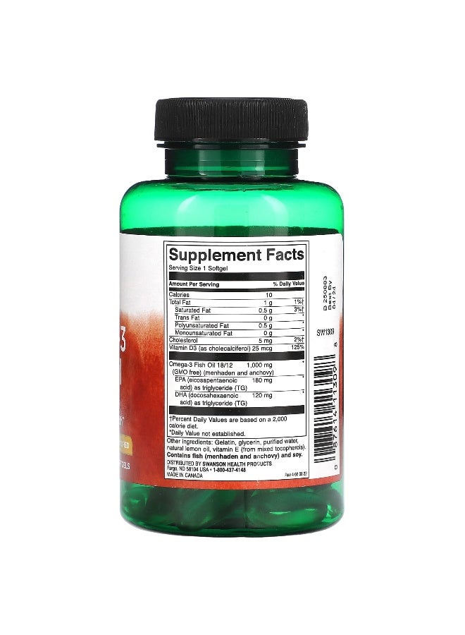 SWANSON Swanson, Omega-3 Fish Oil with Vitamin D, Lemon, 1,000 mg, 60 Softgels  - Image 2