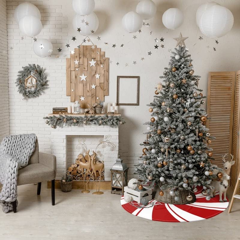 AJIIUSV 36 Inch Red Swirl Christmas Tree Skirt Sweet Candy Cane Red and White Ornaments Home Party Decoration - Image 2