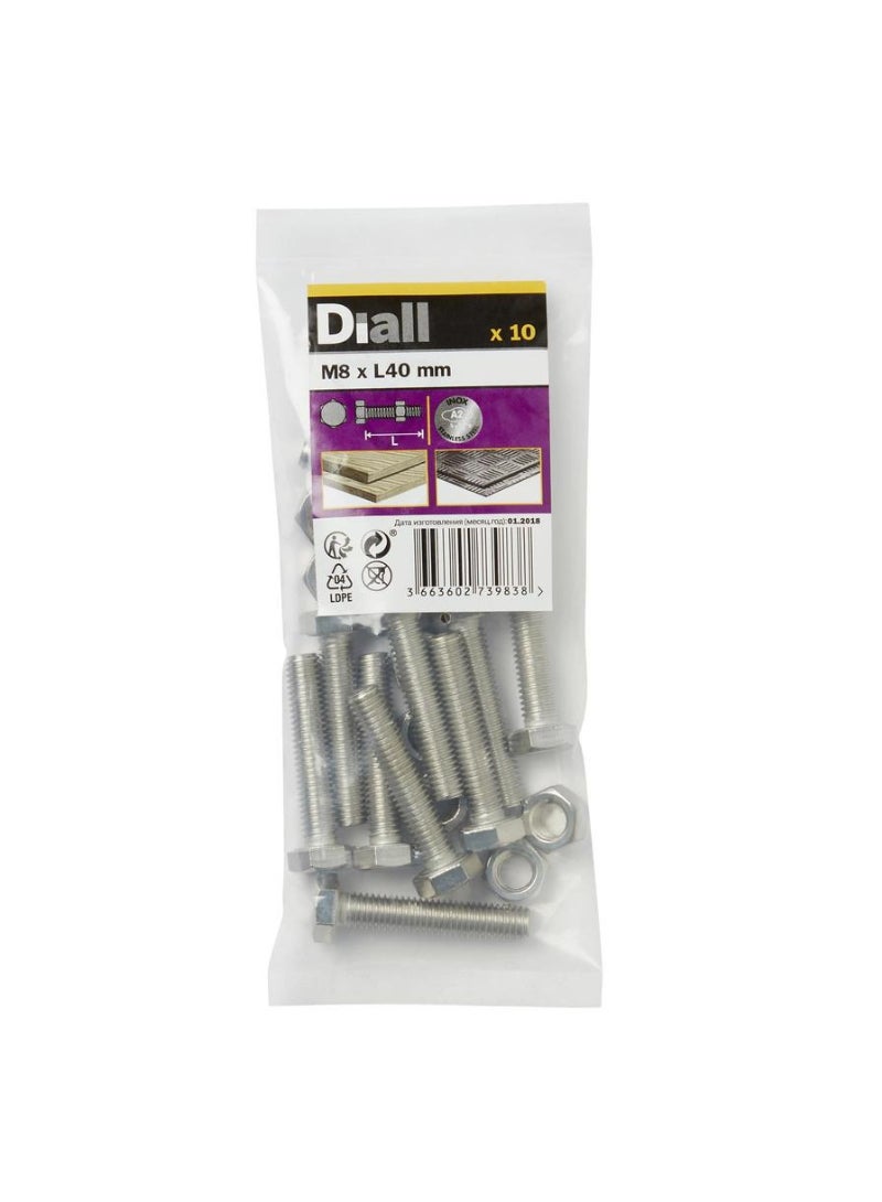Diall Stainless Steel Hex Nut And Bolt Pack M8 x 40mm 10Pcs