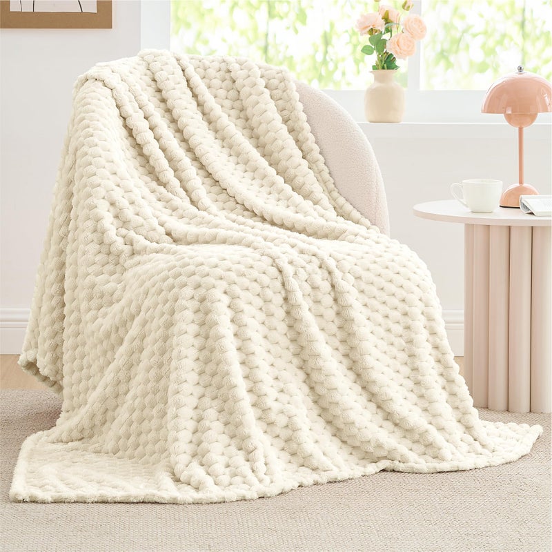 BEDELITE Fleece Blanket - 3D Jacquard Decorative Cream Throw Blankets for Couch & Bed, Soft and Cozy Warm Plush Fluffy Blanket All Seasons Suitable, 50x60Inches - Image 1