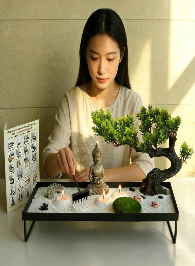 BangBangDa Zen Garden Kit for Desk - Pine Zen Dual Sand Garden(with 50pcs Wicks) Japanese Decor Zen Gift Set for Home, Office Desktop 11x8in Sand Tray Therapy Kit Zen Meditation Accessories - Image 2