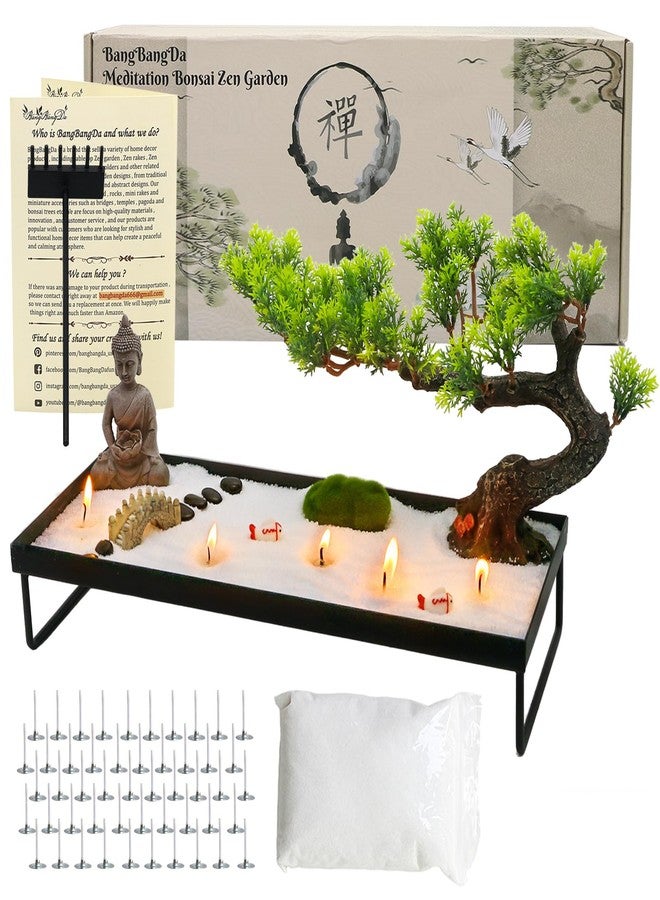 BangBangDa Zen Garden Kit for Desk - Pine Zen Dual Sand Garden(with 50pcs Wicks) Japanese Decor Zen Gift Set for Home, Office Desktop 11x8in Sand Tray Therapy Kit Zen Meditation Accessories - Image 1