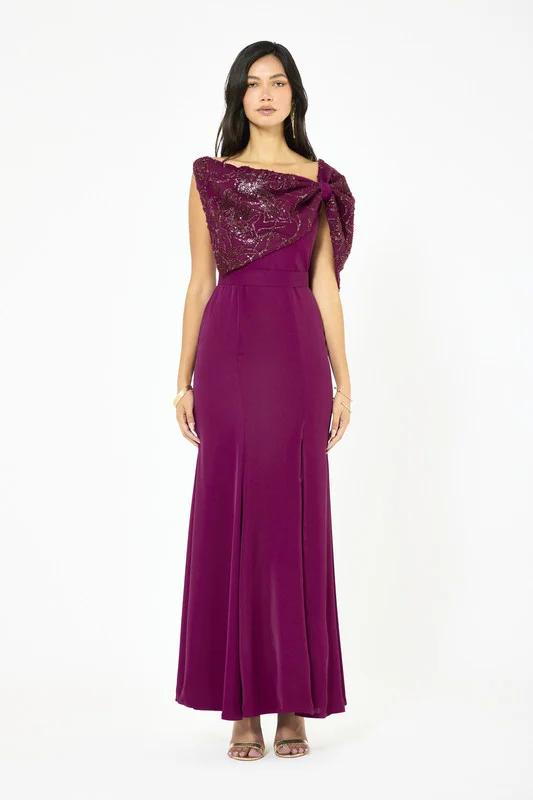 Iyra Embellished Draped Bow Shoulder Gown