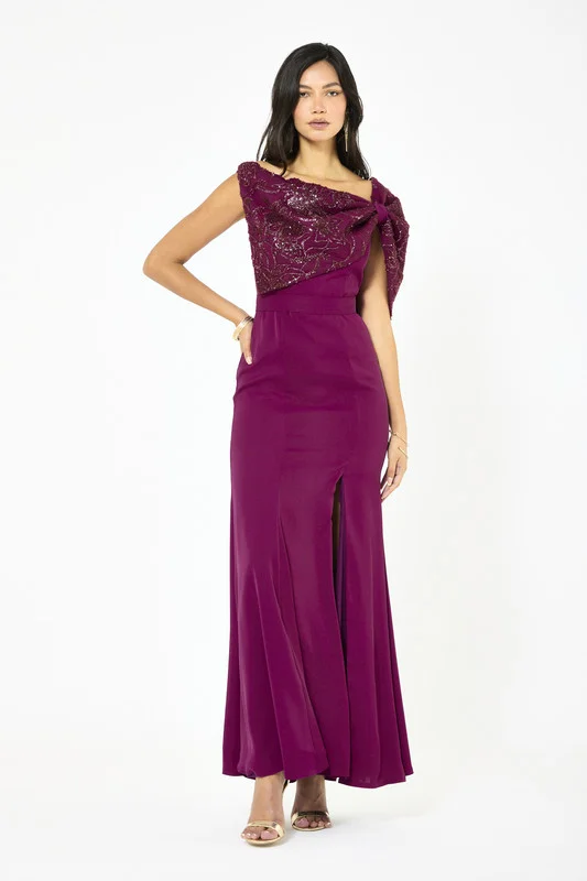 Iyra Embellished Draped Bow Shoulder Gown