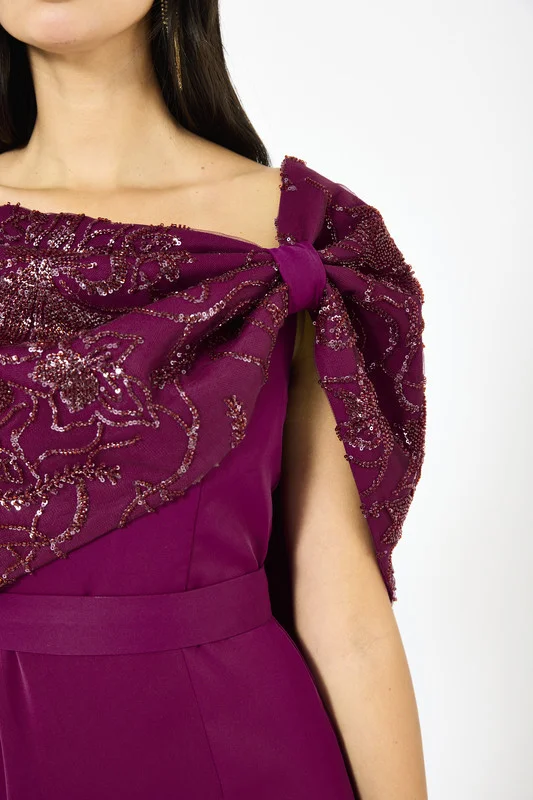 Iyra  Embellished Draped Bow Shoulder Gown for Women | Best Price UAE