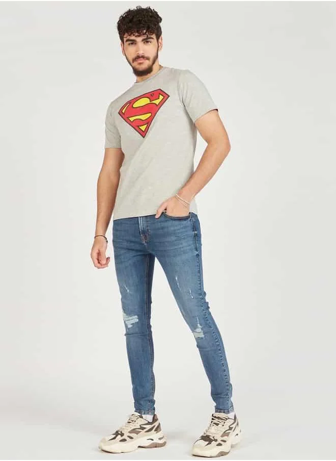 SP Characters Superman Print Crew Neck Slim Fit T-shirt with Short Sleeves