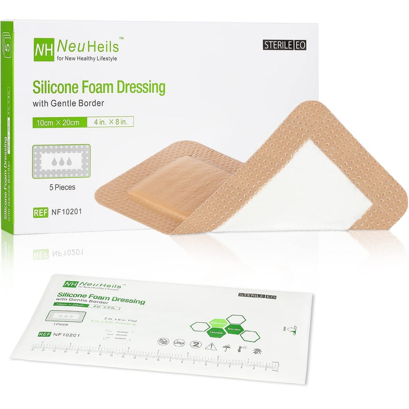 NEUHEILS Silicone Foam Dressing with Gentle Border for Post-op Surgical Wounds 4''x8'', Absorbent Pad 2''x6'', Pack of 5, Silicone Wound Bandages for Cuts, Abrasions, Bed Sore, Pressure Ulcer - Image 1