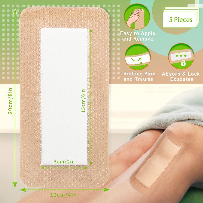 NEUHEILS Silicone Foam Dressing with Gentle Border for Post-op Surgical Wounds 4''x8'', Absorbent Pad 2''x6'', Pack of 5, Silicone Wound Bandages for Cuts, Abrasions, Bed Sore, Pressure Ulcer - Image 2