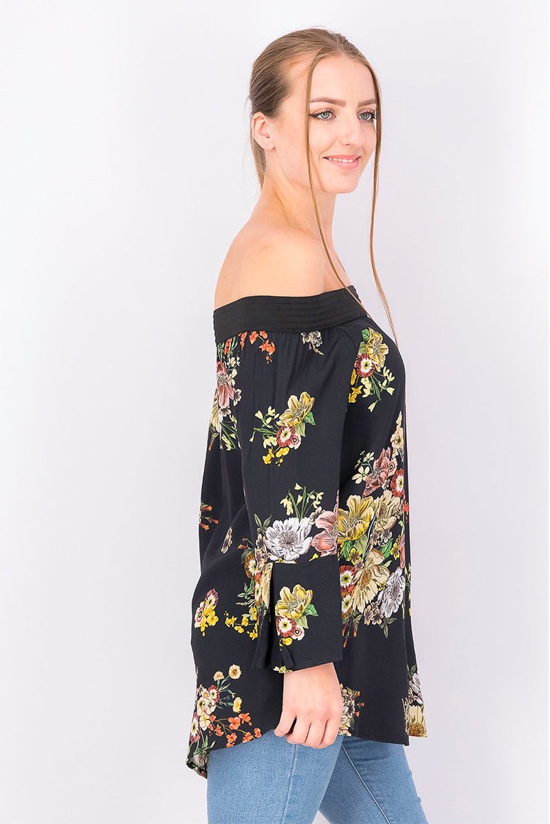 DeFacto Women Off Shoulder Elbow Sleeve Floral Top, Black - Image 3