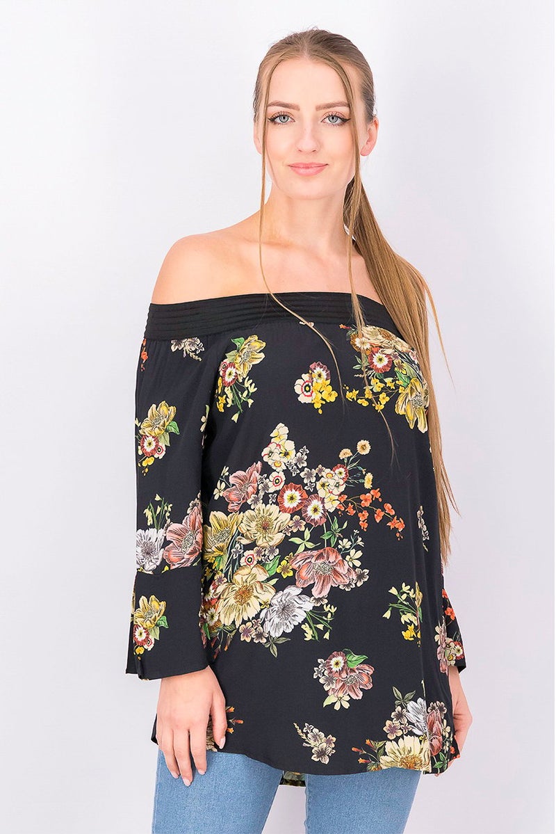 DeFacto Women Off Shoulder Elbow Sleeve Floral Top, Black - Image 1