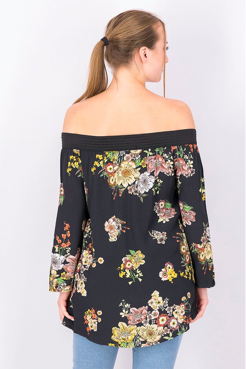 DeFacto Women Off Shoulder Elbow Sleeve Floral Top, Black - Image 4