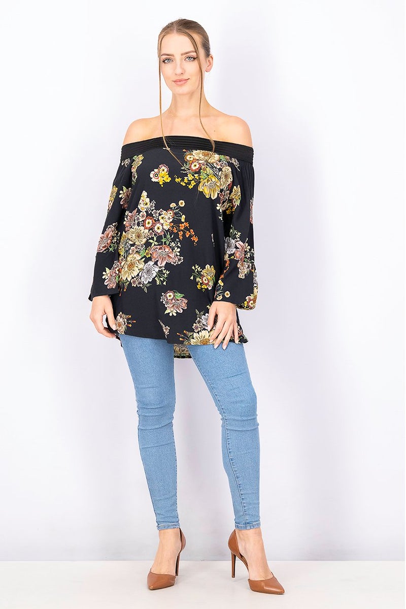 DeFacto Women Off Shoulder Elbow Sleeve Floral Top, Black - Image 2