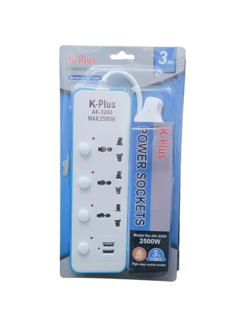 KPlus 4 Way 3 Meter Extension Power Cord With 2 Usb Slots AK 3260 kplus - Image 1