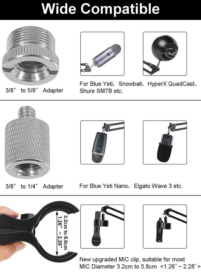 Oimlfus Microphone Stand for Blue Yeti, Nano, HyperX QuadCast, Elgato Wave, Shure SM7B MV7, Fifine AM8 K688 and More Mic with 3/8", 5/8", 1/4" Screw, Pop Filter, Microphone Clip - Image 4