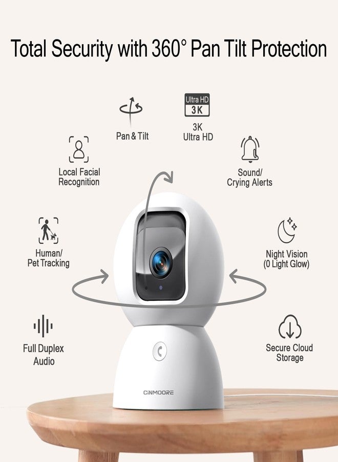 CINMOORE 5G Security Camera Indoor, 3K Pet/Dog Camera with Speaker/Phone App, PTZ WiFi Baby Monitor Cameras for Home Security, 0-Glow Night Vision 2-Way Talk, AI Tracking Facial Recognition Time Lapse - Image 2