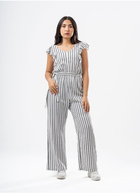 White Striped Overall Soft, breathable cotton blend. Relaxed Fit