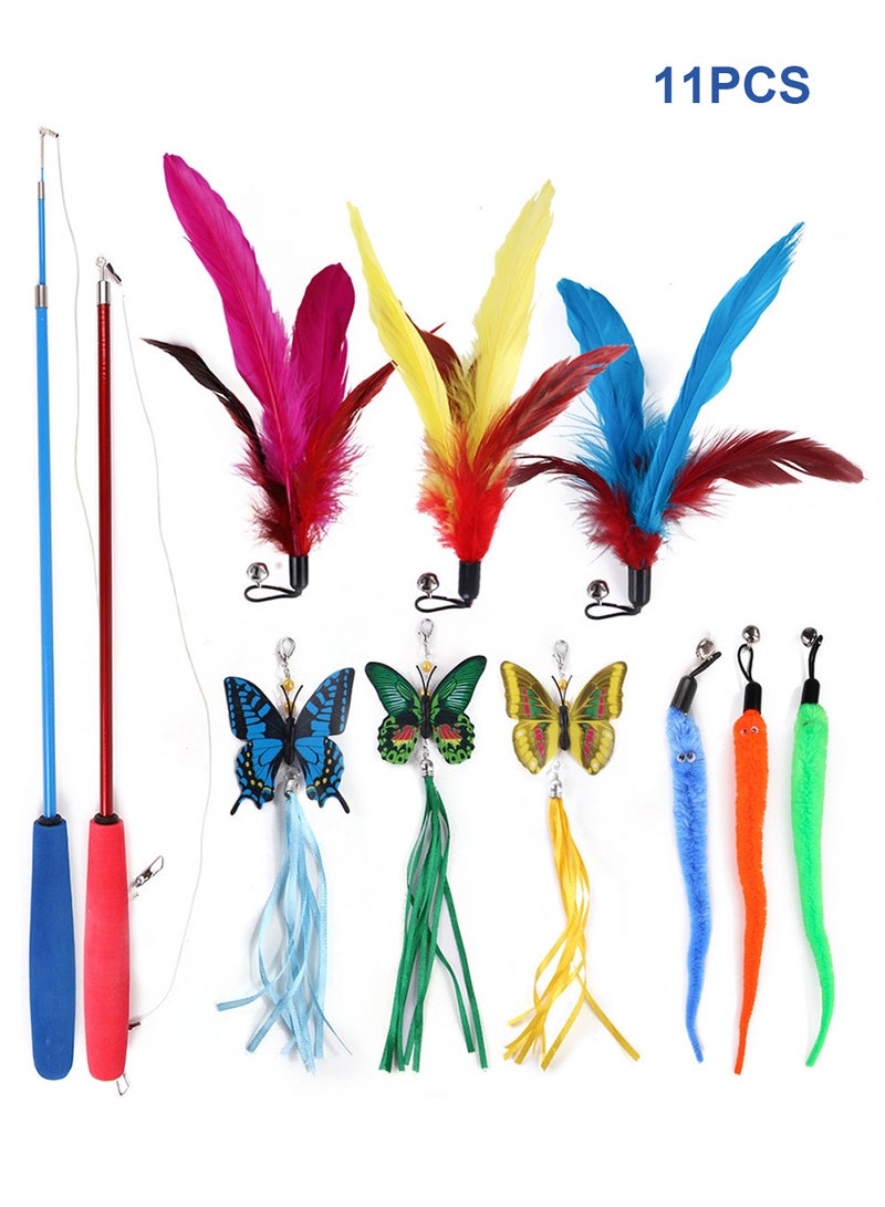 Kidle 11 قطعة من ألعاب القطط الداخلية، مجموعة عصا تحفيزية تفاعلية للحيوانات الأليفة، ألعاب عصا ريشة للقطط ودعابة على شكل فراشة - Image 1