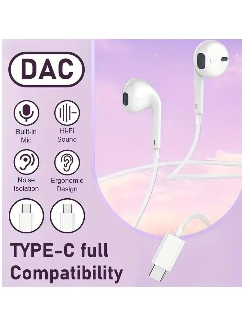 LIXES - Type-C Earphones with Wired Headset, Microphone, and Volume Control – Heavy Bass Sound Quality for iPhone 16 (White) - Image 1