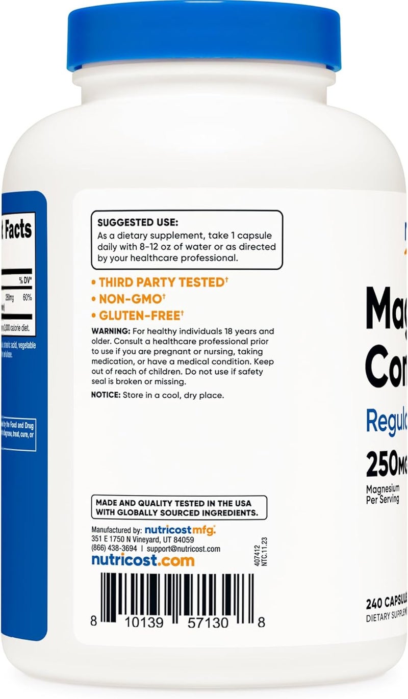 Nutricost مجمع المغنيسيوم من نوتريكوست 250 ملغ 240 كبسولة - أكسيد المغنيسيوم، سترات المغنيسيوم وغليسينات المغنيسيوم - خالي من الغلوتين وغير معدل وراثيًا - Image 4