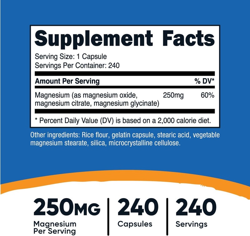 Nutricost مجمع المغنيسيوم من نوتريكوست 250 ملغ 240 كبسولة - أكسيد المغنيسيوم، سترات المغنيسيوم وغليسينات المغنيسيوم - خالي من الغلوتين وغير معدل وراثيًا - Image 2