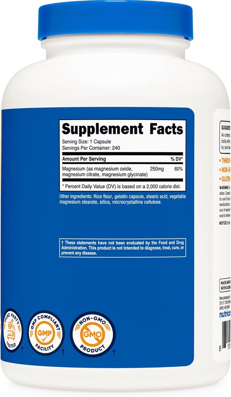 Nutricost مجمع المغنيسيوم من نوتريكوست 250 ملغ 240 كبسولة - أكسيد المغنيسيوم، سترات المغنيسيوم وغليسينات المغنيسيوم - خالي من الغلوتين وغير معدل وراثيًا - Image 5