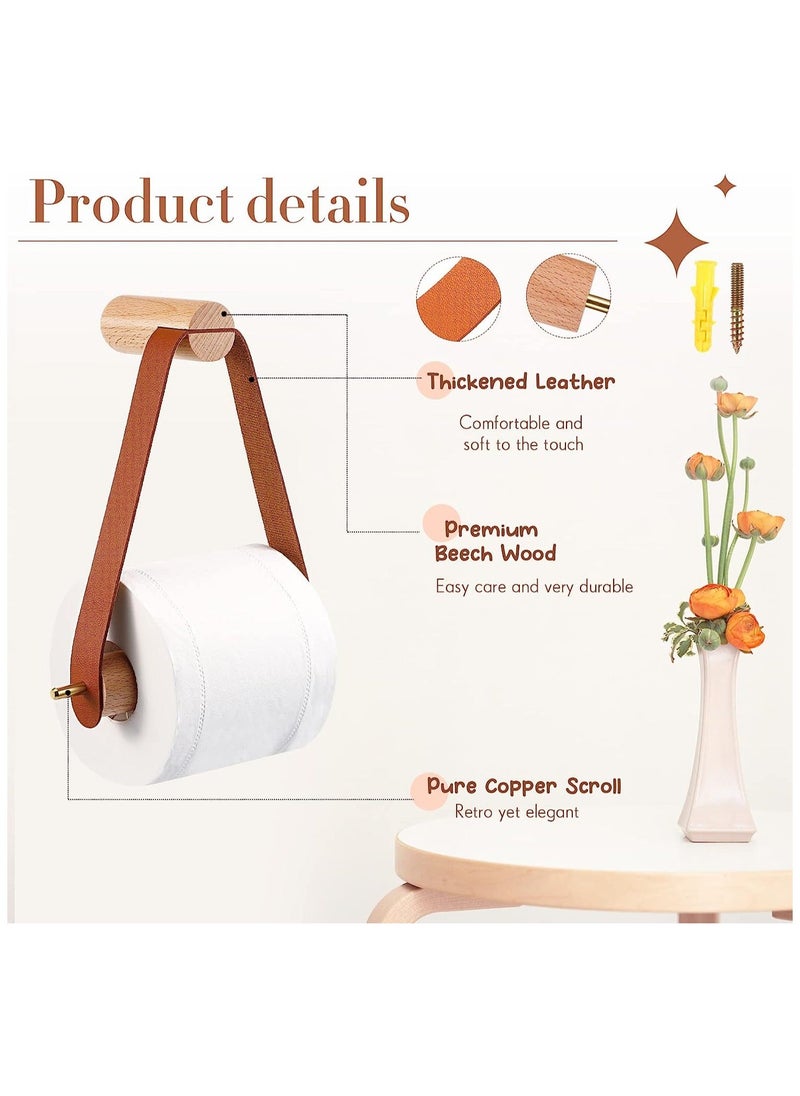 Y&D - Wood & Leather Wall Toilet Paper Holder, Vintage Design Rustic Tissue Rolls Holder with Self Adhesive, Graceful and Natural Bathroom Accessories, 1 Pcs (Brown) - Image 1