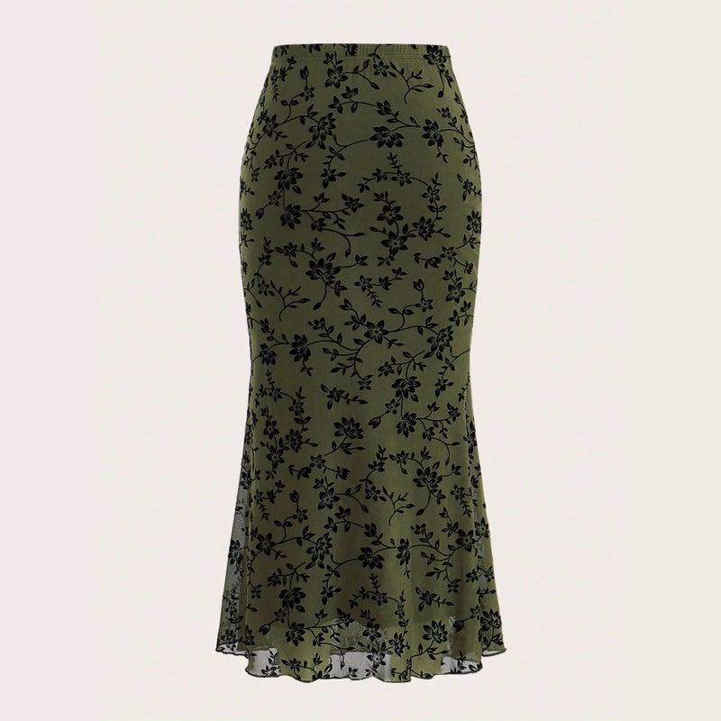 Dark Green Floral Mermaid Skirt - Image 2