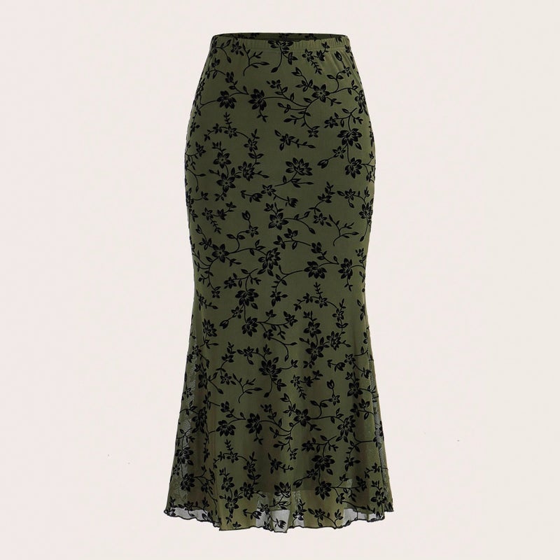 Dark Green Floral Mermaid Skirt - Image 1