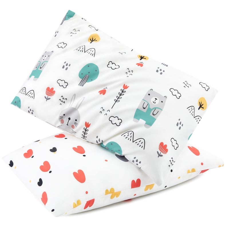 TILLYOU Toddler Pillowcase 2 Pack with Envelope Closure,Silky Soft Microfiber 13" x 18" Kids Travel Pillow Cases,Bib Bear & Colorful Love - Image 1