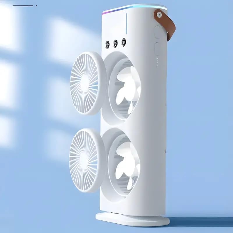 VUVEA VUVEA Three Hole Double Head Spray Cooling Fan with Remote Control Portable Mist Fan 3 Wind Speeds and 3 Spray Modes with LED Light Mini Air Cooler 280ml Water Tank Ice Filling Fan  - Image 2