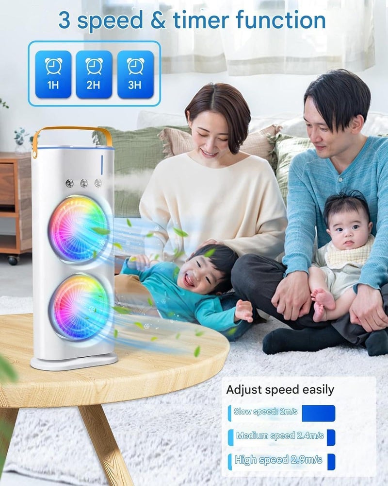 VUVEA VUVEA Three Hole Double Head Spray Cooling Fan with Remote Control Portable Mist Fan 3 Wind Speeds and 3 Spray Modes with LED Light Mini Air Cooler 280ml Water Tank Ice Filling Fan  - Image 5