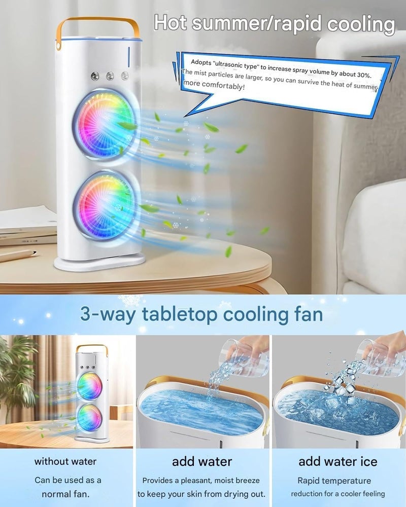 VUVEA VUVEA Three Hole Double Head Spray Cooling Fan with Remote Control Portable Mist Fan 3 Wind Speeds and 3 Spray Modes with LED Light Mini Air Cooler 280ml Water Tank Ice Filling Fan  - Image 4