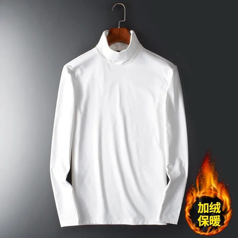 Men's Half-High Collar Base Layer Long-Sleeve T-Shirt with Silk-Like Thin Velvet, Fleece-Lined Warm Top, Double-Sided German Velvet T-Shirt - Image 1