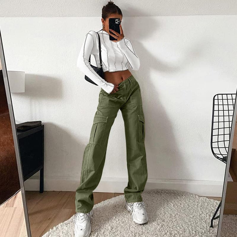 Lepunuo Parachute Pants for Womens Wide Leg Cargo Pants Y2k with Pockets Baggy Casual Harajuku Streetwear Army Green - Image 5