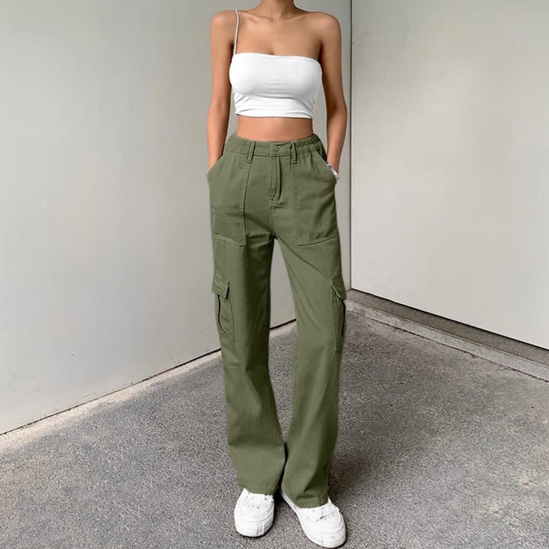 Lepunuo Parachute Pants for Womens Wide Leg Cargo Pants Y2k with Pockets Baggy Casual Harajuku Streetwear Army Green - Image 2
