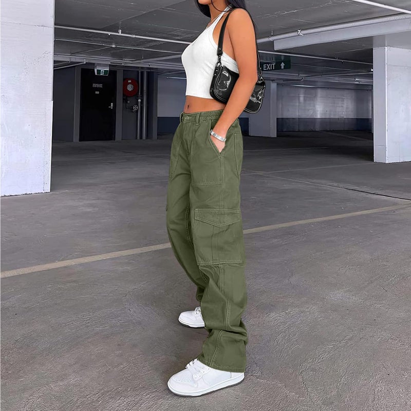 Lepunuo Parachute Pants for Womens Wide Leg Cargo Pants Y2k with Pockets Baggy Casual Harajuku Streetwear Army Green - Image 3