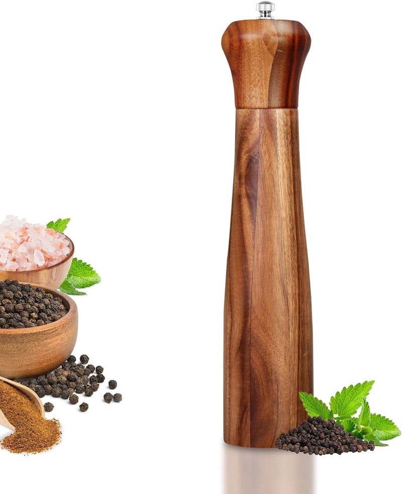 XWXO 1 Pack - 10 Inch tall Acacia Wood Pepper Grinder or Salt Mill Elegant Pepper Mill Wooden with a Adjustable Ceramic Rotor and Easily Refillable - Wood Salt Grinder for Your Kitchen - Image 1