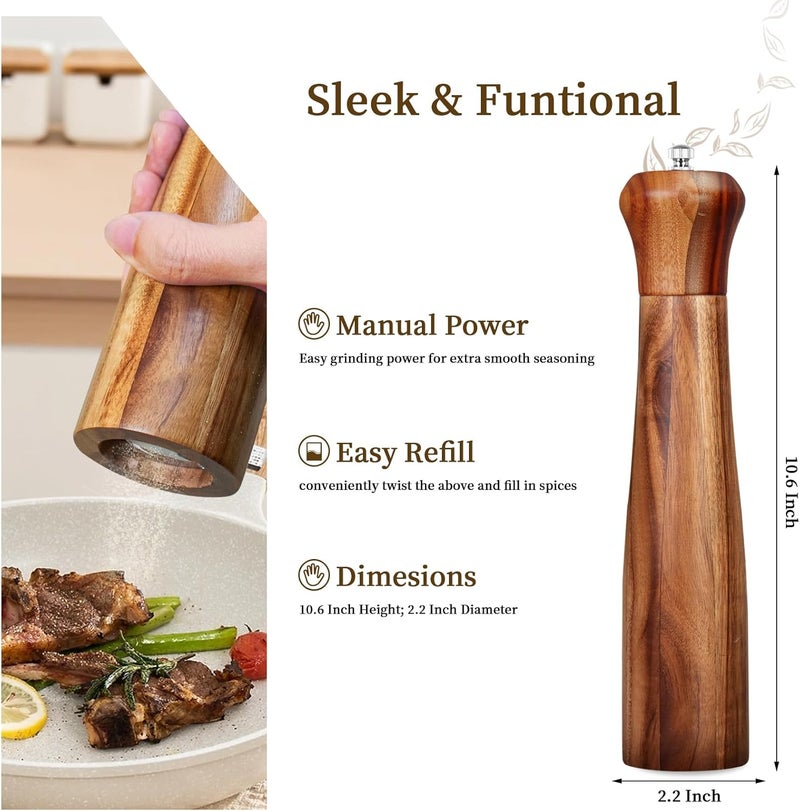 XWXO 1 Pack - 10 Inch tall Acacia Wood Pepper Grinder or Salt Mill Elegant Pepper Mill Wooden with a Adjustable Ceramic Rotor and Easily Refillable - Wood Salt Grinder for Your Kitchen - Image 3