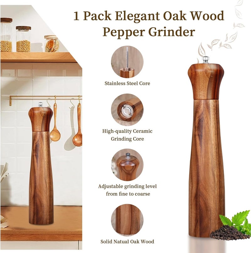 XWXO 1 Pack - 10 Inch tall Acacia Wood Pepper Grinder or Salt Mill Elegant Pepper Mill Wooden with a Adjustable Ceramic Rotor and Easily Refillable - Wood Salt Grinder for Your Kitchen - Image 2