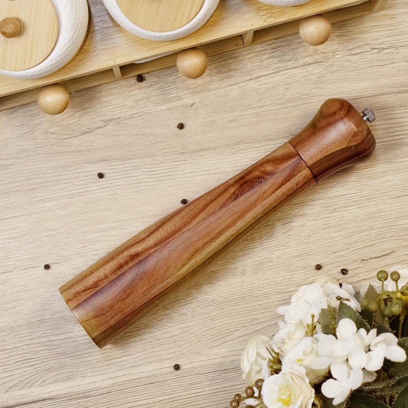 XWXO 1 Pack - 10 Inch tall Acacia Wood Pepper Grinder or Salt Mill Elegant Pepper Mill Wooden with a Adjustable Ceramic Rotor and Easily Refillable - Wood Salt Grinder for Your Kitchen - Image 4